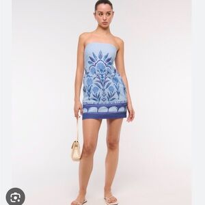 Strapless Blue Floral Knit Mini Dress